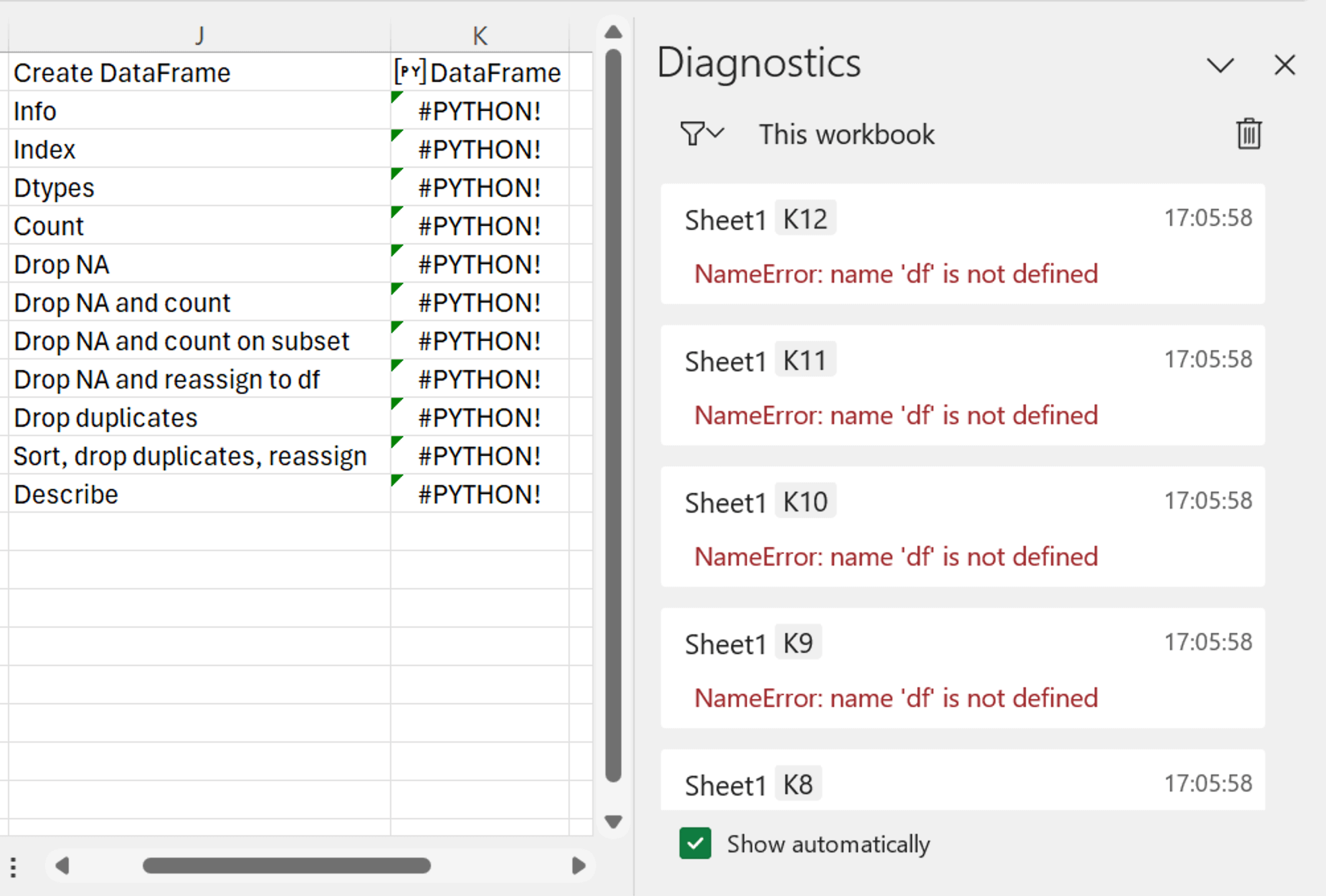 Diagnostics Pane Error